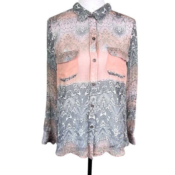 Charlie Jade Pink Snake Lightweight Sheer Silk Long Sleeve Collared High Low Top - Picture 1 of 13
